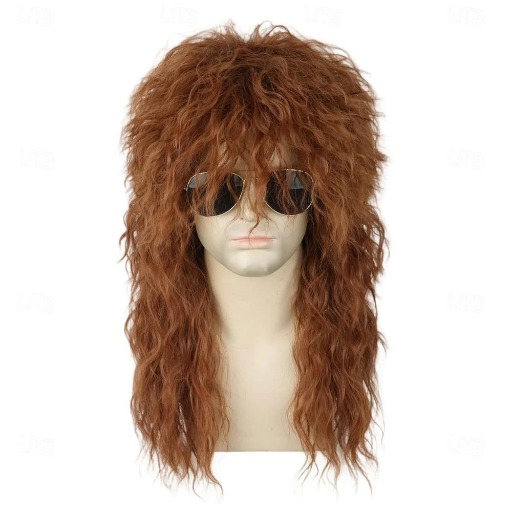 Synthetic Hair 80s Wigs for Men Light Brown Long Wavy Mullet Wigs for Women Heavy Metal Rock Disco Wig Costume Party Wig
