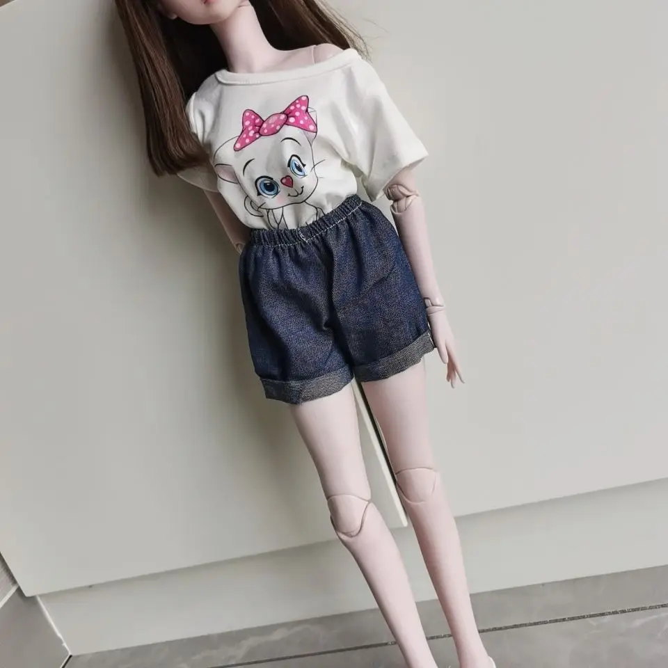 Mode Pop Accessoires 60Cm Poppenkleding Voor 1/3 Bjd Pop Kat Halve Mouwen Denim Short Kleding Top Diy Girl Verkleedspeelgoed