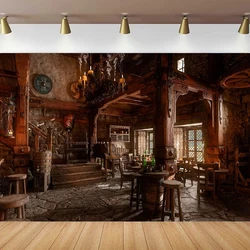 Medieval Tavern Inn Bar Photography Backdrop For Ancient Wooden Interior Tables Stools Fantasy Photo Background For Party Decor