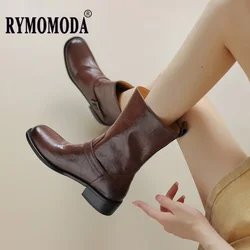 Extra Big Size 45 46 47 Ankle Boots Genuine Leather for Women 2025 New Trendy 3.5cm Low Heel Slip-on Girl Fall Winter Warm Shoes
