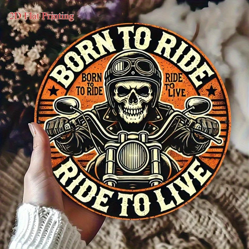 2D-Wandkunst „Born to Ride“ im Retro-Motorrad-Stil, Holzschild, Totenkopf-Ritter und Motorrad-Rebell-Design