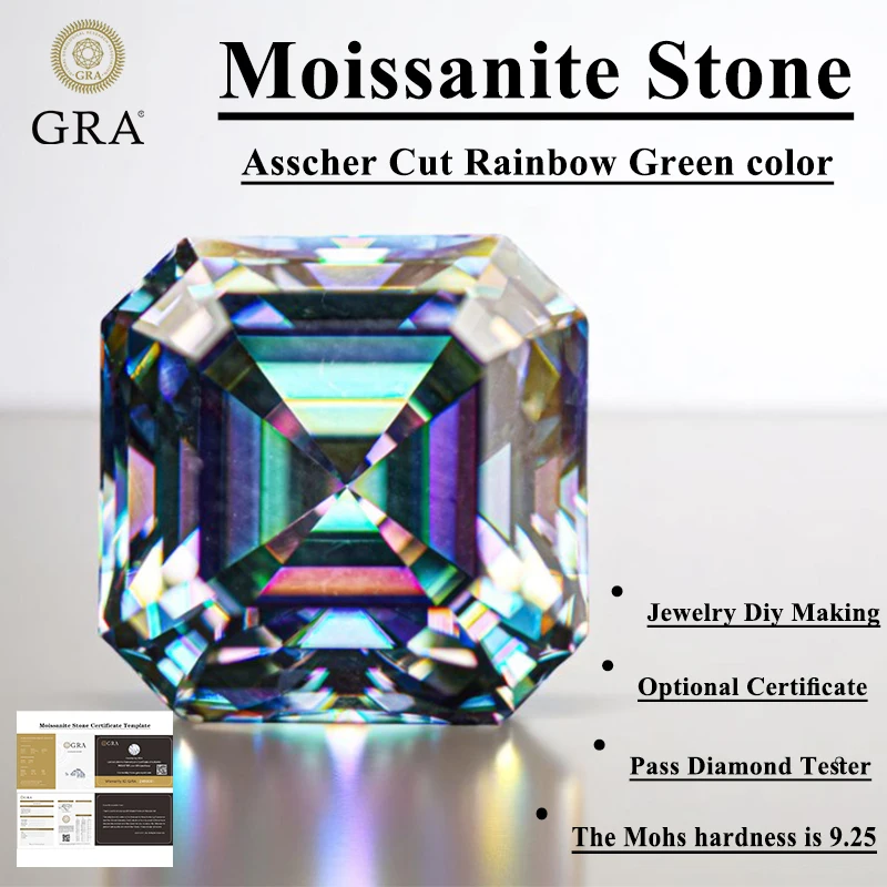

Moissanite Stone Rainbow Green Asscher Cut with GRA Certificate Pass Diamond Tester top Gemstone Charms for jewel making