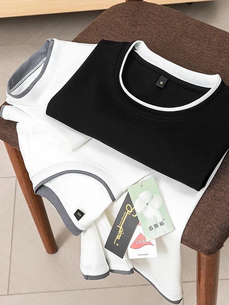 

Мужская летняя футболка Wang Cabinet 4900 80S из двухсторонней ткани с эффектом шелка, обработанной жидким аммиаком, премиум-класса, для пар, стандартный крой