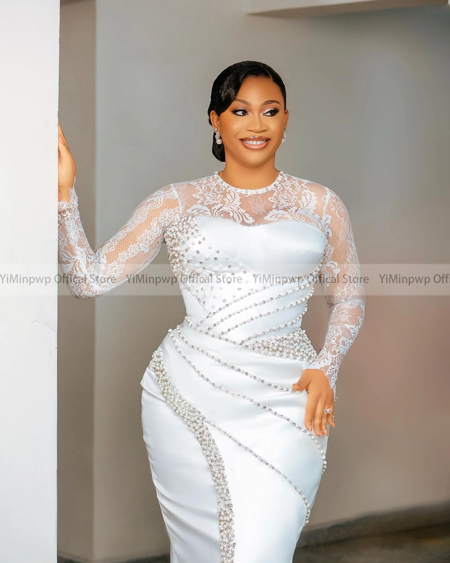 2026 Civil Wedding Dresses for Bride O Neck Long Sleeve Tea Length Pearls Aso Ebi Satin Court Bridal Reception Dress Customized