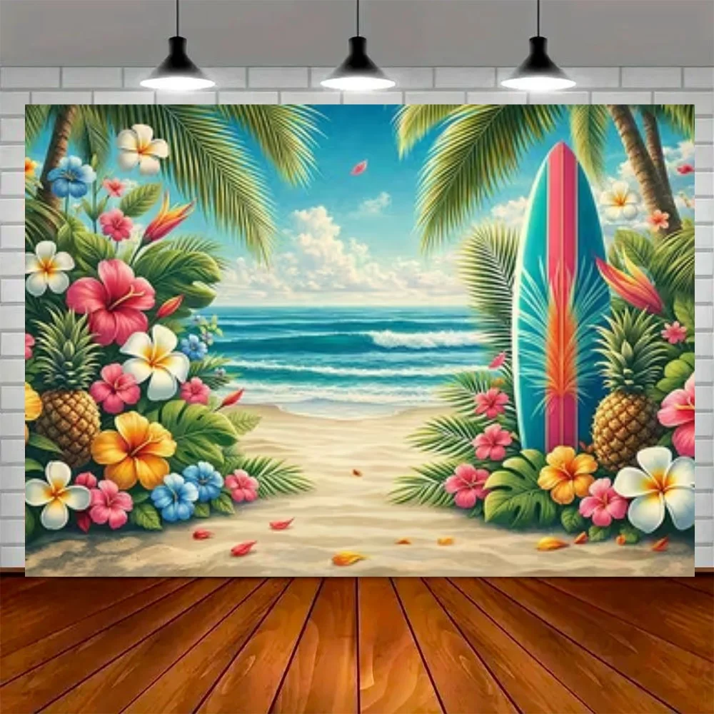 Summer Surfboard Theme Backdrop Beach Seawater Palm Trees Seaside Vacation Party Decoration Background Outdoor Sport Banner Prop