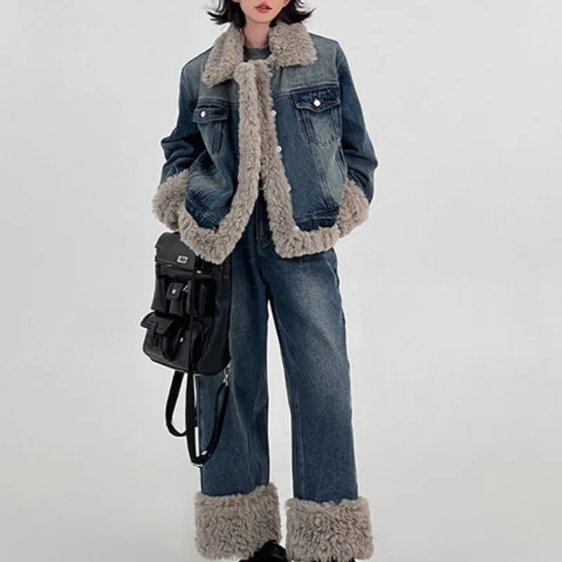 

2025 New Blue Fluffy Splicing Thickened Denim Suit Women's Winter Korean Loose Casual Denim Jacket