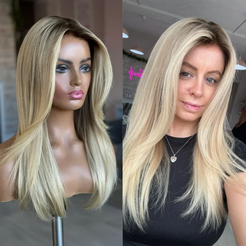 

Синтетический HD-парик без клея с оттенком омбре, пепельно-русый с мелированием, с прямой линией роста волос, предварительно проработанной линией роста волос и эффектом натуральных волосков