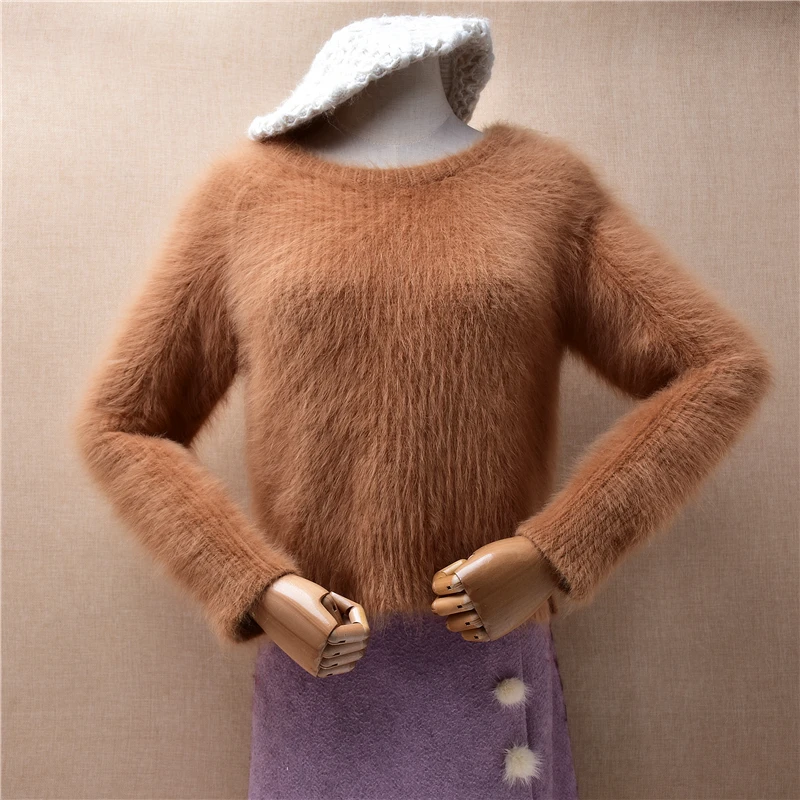 

Women Mujer Autumn Winter Clothes Hairy Mink Cashmere Knitted Long Sleeves O-Neck Crop Top Slim Blouses Pullover Sweater Jersey