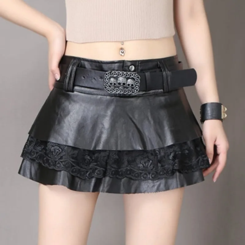 

Sexy PU Leather Short Skirt for Women Lace Splicing Nightclub Low-rise Pleated Tutu A-shaped Skirt