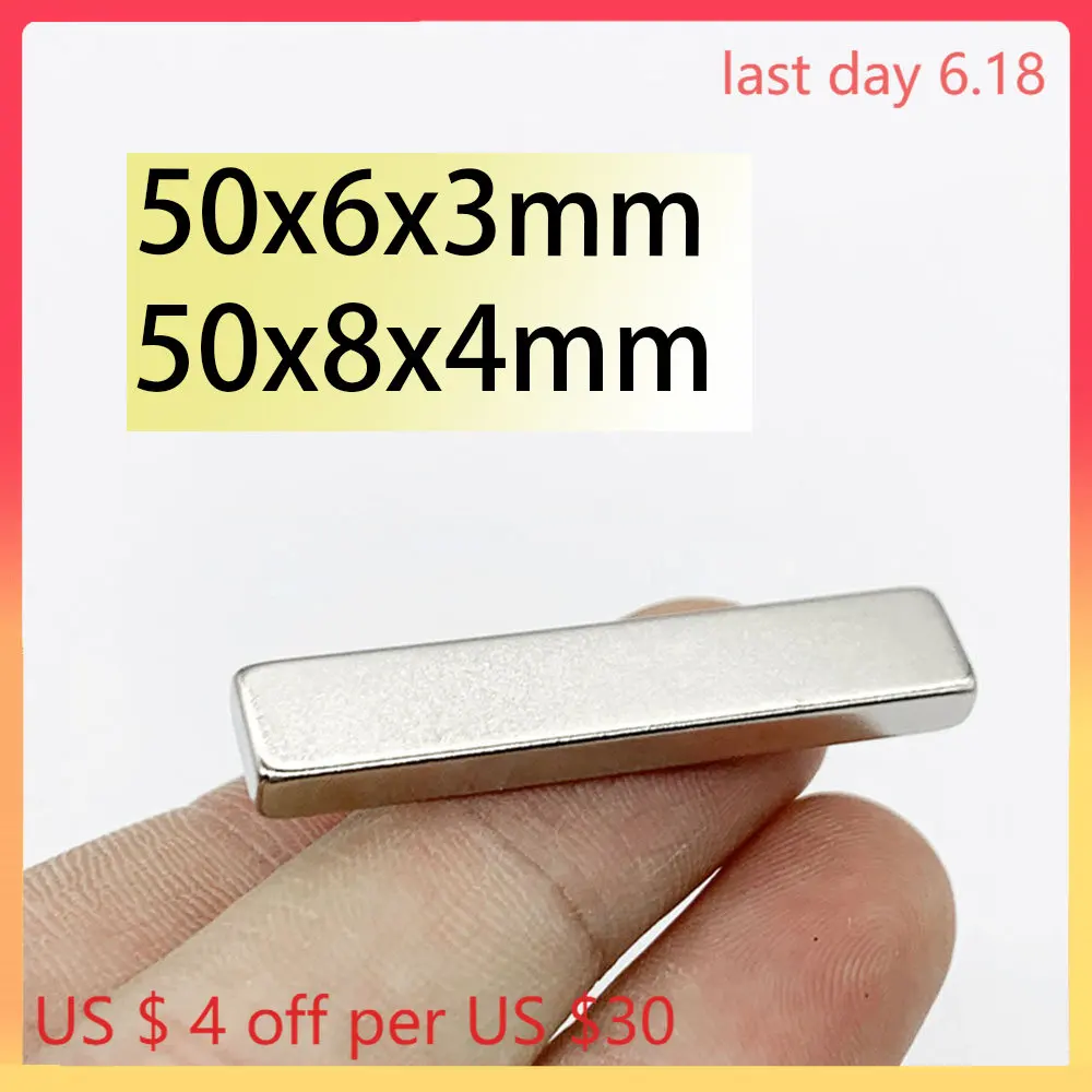 

N35 50x6x3 50x8x4 NdFeB Block Neodymium Magnet Rare Super Strong Scooter Generation Permanent Magnetic Bar Search Aimant Fridge