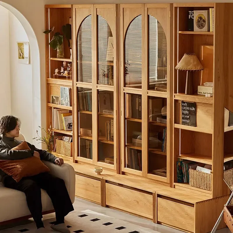 Japanese-style solid wood cherry wood glass door bookcase Nordic black walnut bookshelf household floor combination storage - view 2