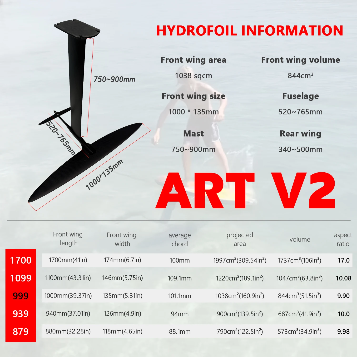 New Arrival ART V2 999 Carbon Mast Water Sport Kitesurf Surfboard And Downwind Foil Efoil Wingfoil Kite Surfing Hydrofoil