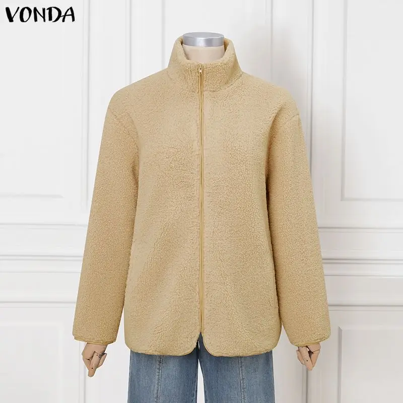 VONDA Mantel Bulu Wanita Ukuran Plus 2025 Musim Dingin Lengan Panjang Kerah Tegak Resleting Jaket Kasual Polos Streetwear Mantel Luar Hangat