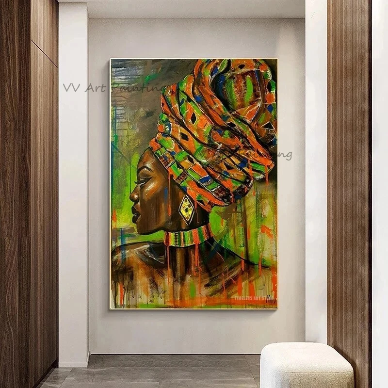 Africa Woman Portrait Handmade Figure Oil Painting Acrylic Canvas Art Picture for Living Room Home Decor Tribe Girl with Scarf