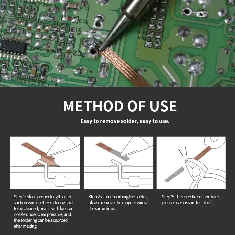 Imagem -02 - Desoldering Trança Removedor de Solda Pavio 1.5m Largura 1.5 2.5 3.5 mm Fio Cabo de Chumbo Fluxo Bga Ferramenta de Reparo 1200 Peças