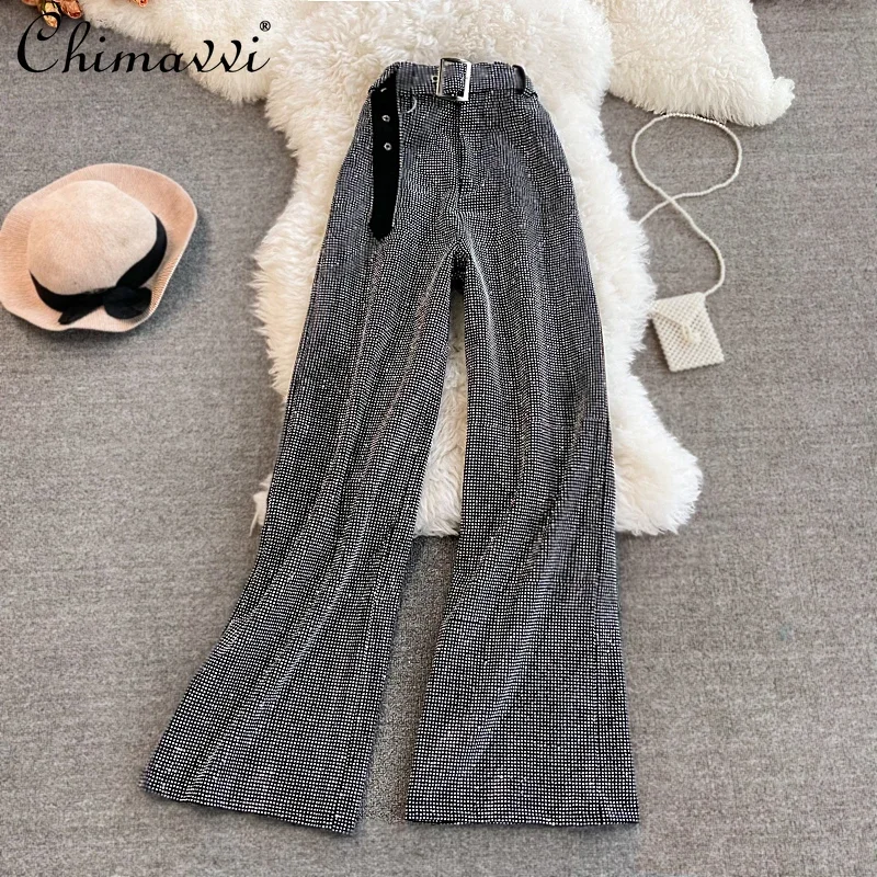 

French Fashion Casual Diamond Drooping Feeling Wide Leg Pants High Waist Loose Black Straight Mopping Long Trousers Women Autumn