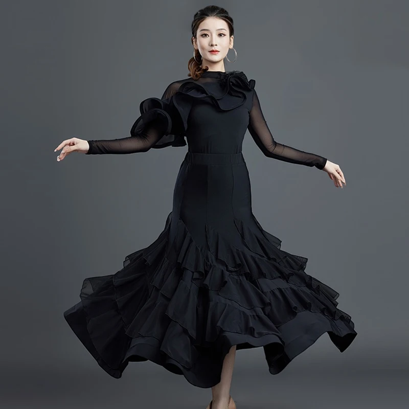 Black Ballroom Dance Dress Stadard Waltz Dress Women Modern Dance Suit for Competition Practice Skirt Female Dance Wear VDL2459