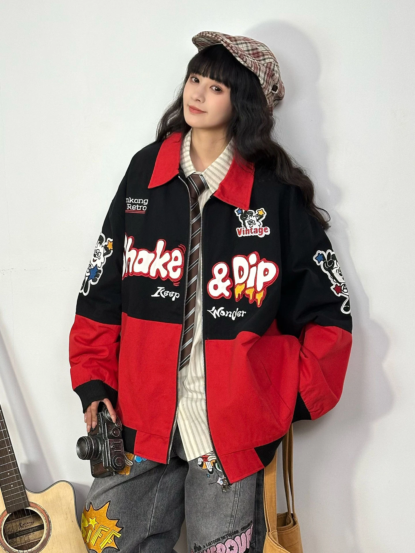 

Женская свободная куртка в стиле американского ретро с вышивкой, повседневная, уличная, теплая, на молнии, с длинными рукавами