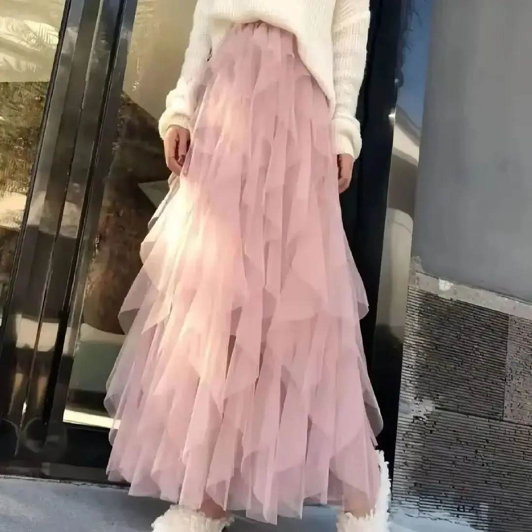 

Solid Casual Tulle Long Skirt For Women 2025 Summer Fashion Women's High Waist Mesh Pleated Midi Skirt Female Elegant Tutu Skirt