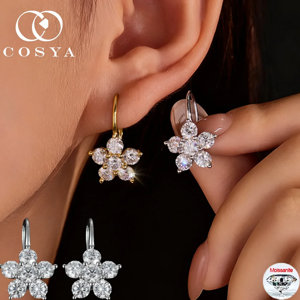 

COSYA Full 3mm Moissanite Flower Hoop Earrings Plated 18K Gold S925 Silver Ffor Women Sparkling Wedding Uinque Jewelry Gift