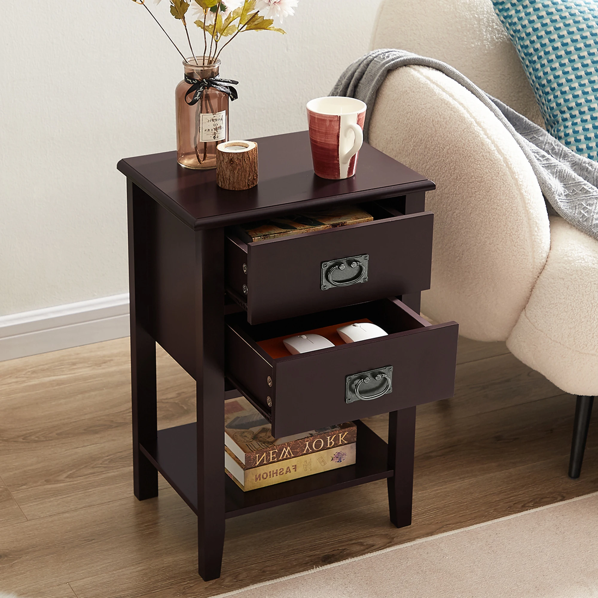 VECELO Nightstands Set of 2-Natural Beside Table with Storage Two Drawer - Midcentury Modern Bedroom Storage Cabinet, Brown image 6