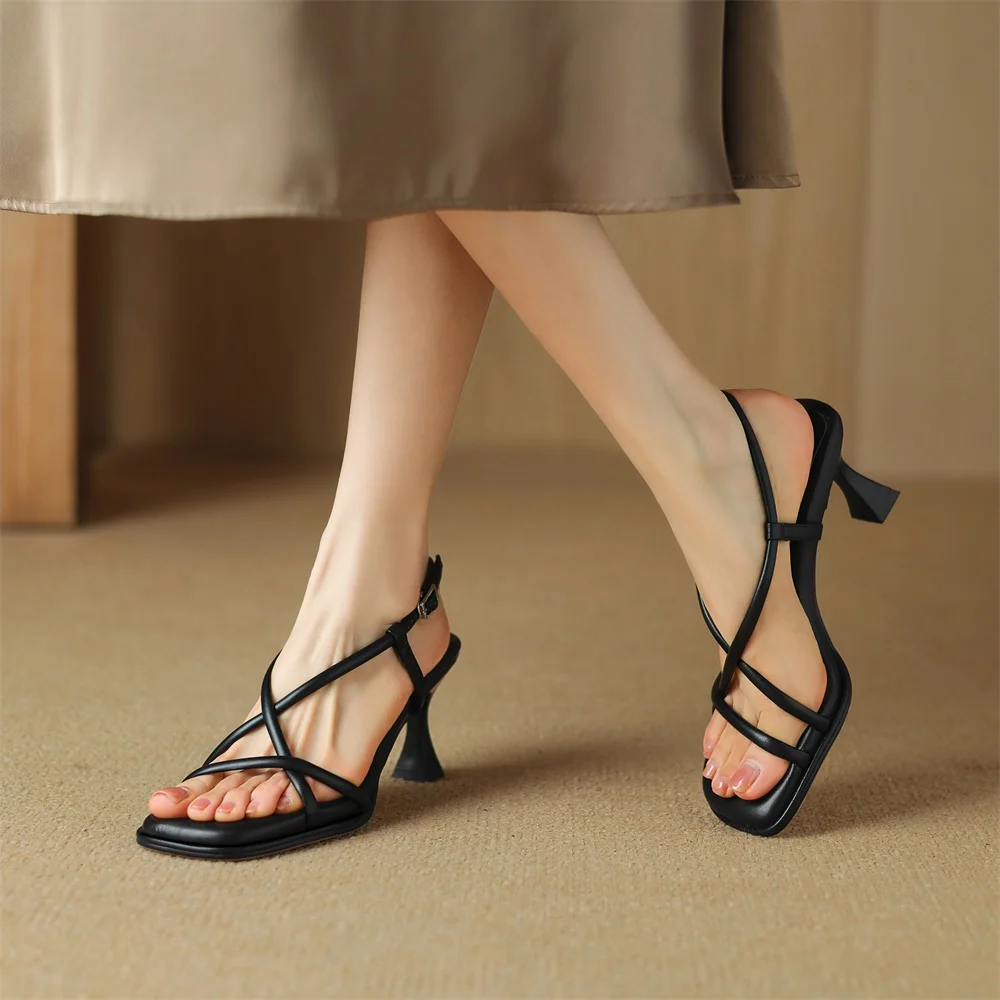 Taoffen Summer Concise Fashion Women Sandals Thin Heels Narrow Band Peep Toe Slingback Sandals Lightweight Cross-Tied Lady Shoes