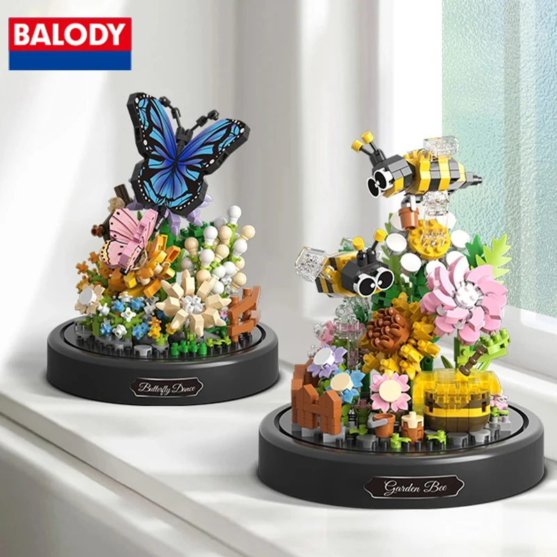 Balody Bee Butterfly Flower Bonsai Building Blocks Insect Plant Potted Model Bricks With Dust Cover DIY Toy For Kid Holiday Gift