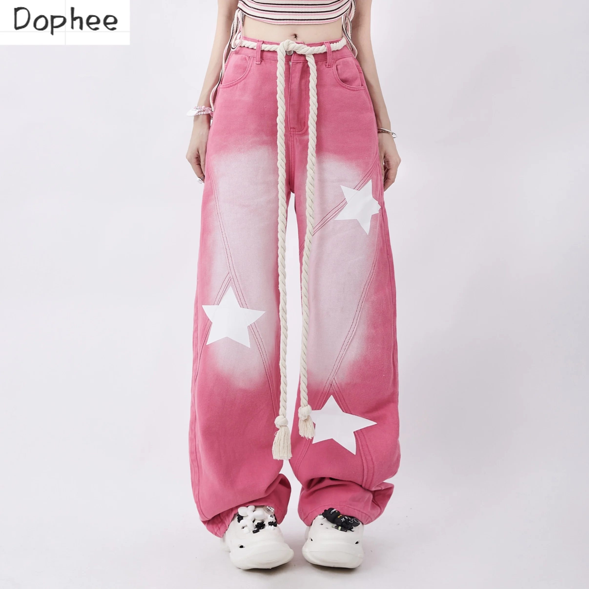 

Dophee Dopamine Pink Jeans for Women New Summer Hotsweet Cool Spice Girls Tie-dye Denim Pants All-match Stars Casual Trousers