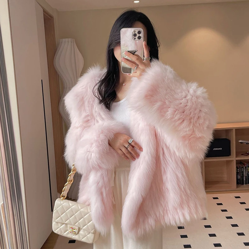 Real Fur Coat Women Luxury 2023 Winter Navy Collar Encryption Double Woven Warm Blue/Pink/Brown Fox Fur Jacket Doudoune Femme