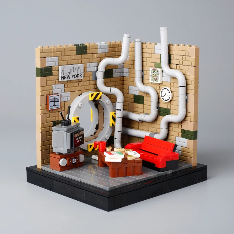 MOC Underground Pipelines Sewer Building Blocks Kit House Room Pizza Food TV Sofa Furniture Bricks Toys Boys Gift