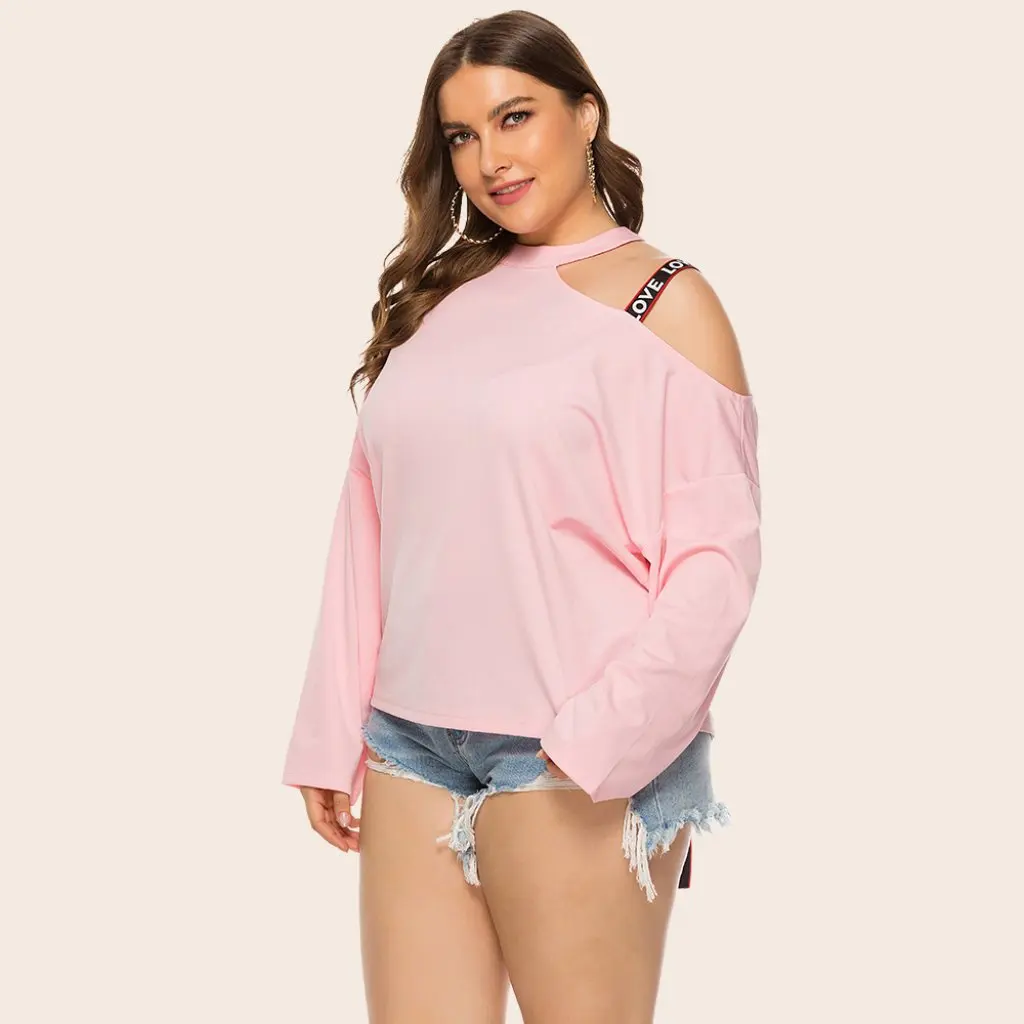 Kaos Wanita Ukuran Besar Model Off-Shoulder Lengan Panjang Warna Polos Trendi Longgar untuk Musim Semi dan Gugur