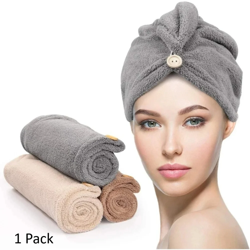 1Pack Hair Drying Towels with Button Super Absorbent Microfiber Hair Towel for CurlyHair Fast Drying Hair Wraps for Women Girl