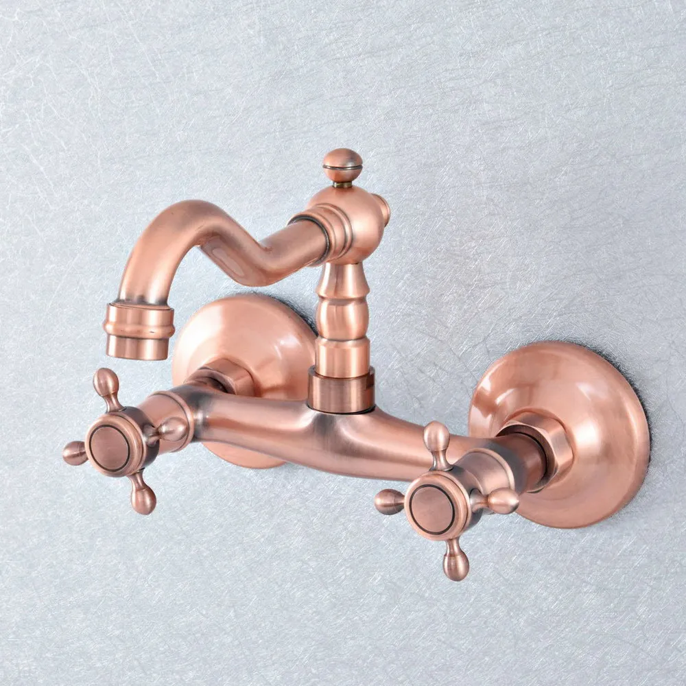 

Antique Red Copper Brass Bathroom Kitchen Basin Sink Faucet Mixer Tap Swivel Spout Wall Mounted msf867