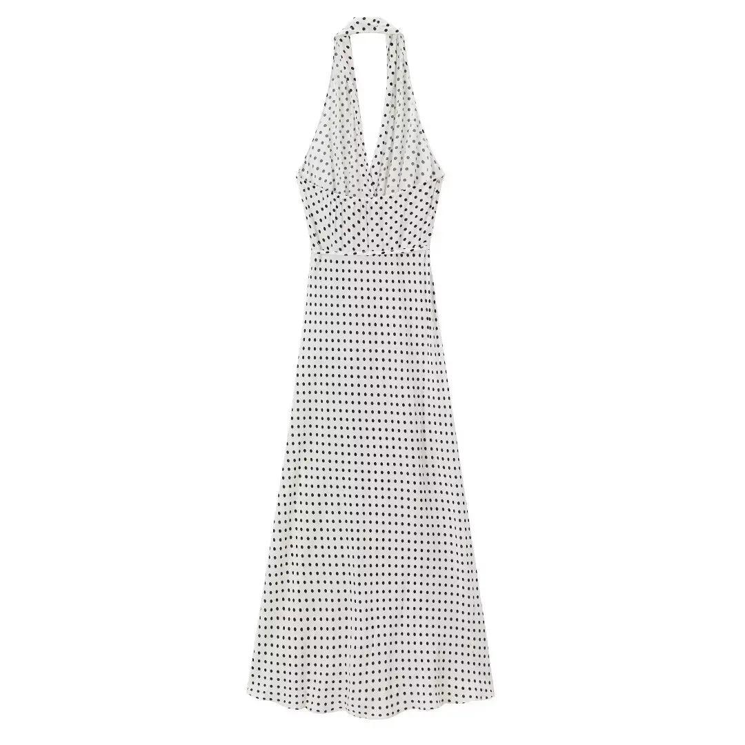 Women's 2024 New Chic Temperament Fashion Polka-dot Hanging Neck Design Midi Dress Retro Sleeveless Women's Dress Vestidos Mujer