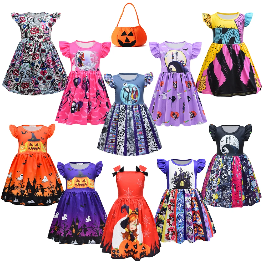 

Halloween Girls Pumpkin Dress Toddler Witch Dress Baby Girls Carnival Party Clothing Children's Costumes Witch Hat Candy Bag