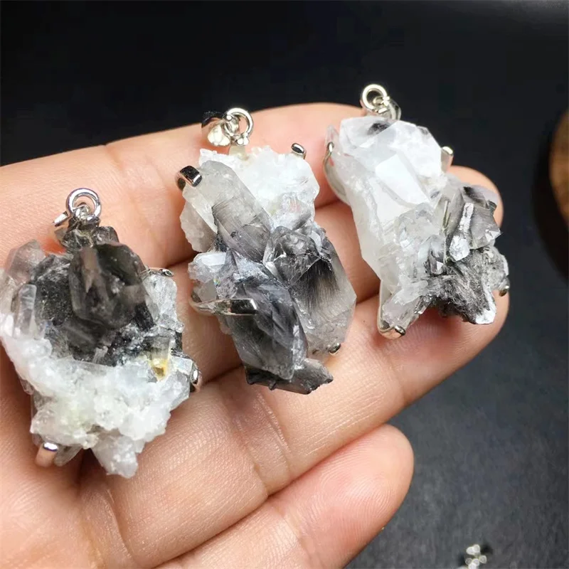 Natural Black Silver Rutilated Quartz Mineral Specimen Pendant Fashion Fengshui Crystal Jewelry Holiday Gift 1PCS