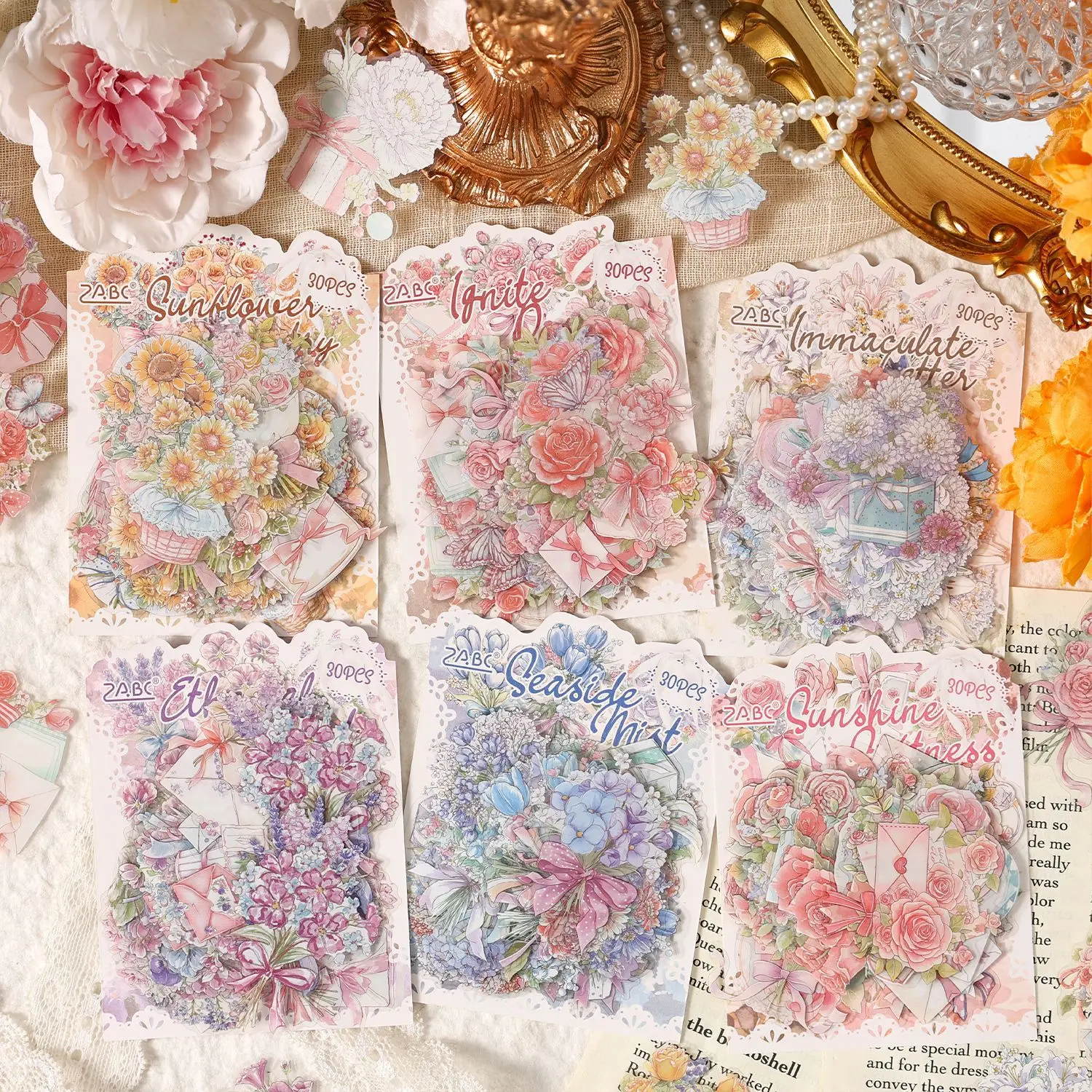 30 pcs Aesthetic French Romantic Floral Collage Stickers, Retro Garden Flower Patterns for Scrapbook Layout