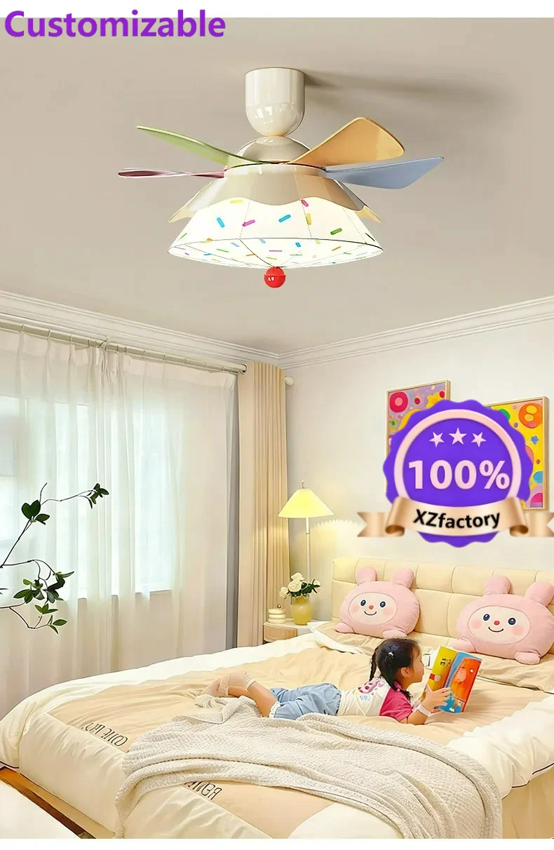Factory Direct 2026 Children's room bedroom ceiling fan light Memphis Macaron color dopamine straight leaf large wind silent