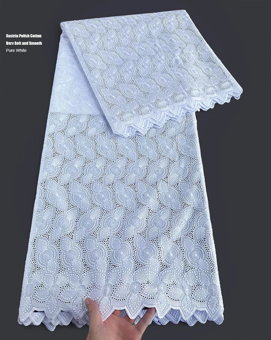 

5 yards Best Quality Embroidered African Polish Lace Original Austria Cotton 100% Ceremony Couple Voile Fabric Pure White