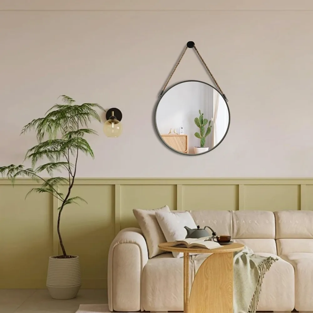 

Round Mirror, Rope Hanging Mirror, 15 Inch Farmhouse Circle Wall Mirror for Bathroom Bedroom Living Room Entryway Home Decor,