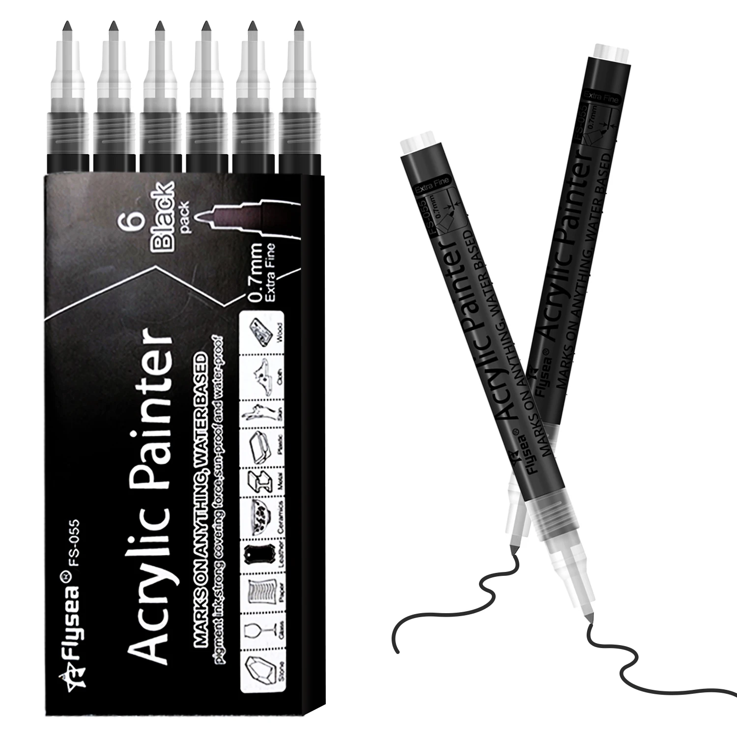 6 teile/satz schwarzer Acrylfarben stift für Felsmalerei, Stein, Keramik, Glas, Holz, Reifen, Stoff Metall, Leinwand – Detail 1