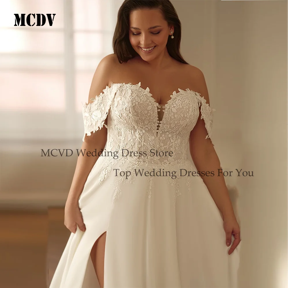 

MCDV Lace Appliques Oversize Wedding Dress Bridal Off Shoulder Chiffon Slit Sweetheart Zipper Vestido De Casamento Customized