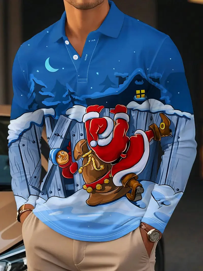

Santa Claus Graphic Men's Polo Shirts Funny Creative Christmas Element Long Sleeve Tops Autumn Winter Loose Comfortable Clothing