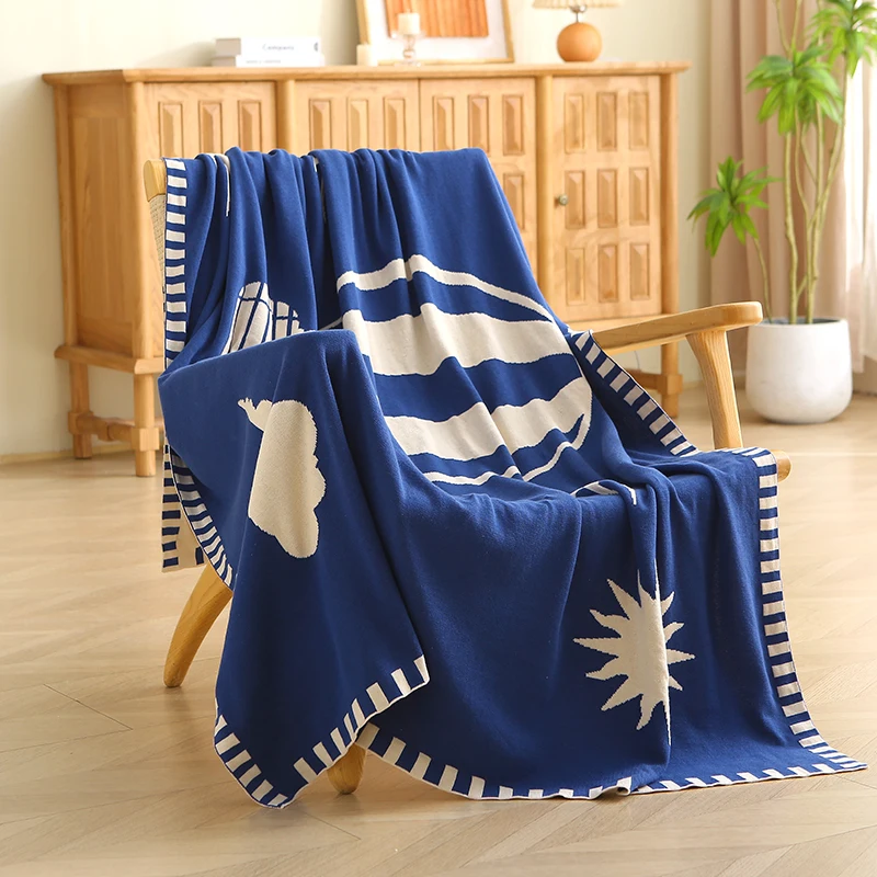 

Cotton Knitted Blanket for Office Nap Blue Rectangular Sofa Blanket with Customizable Design and logo