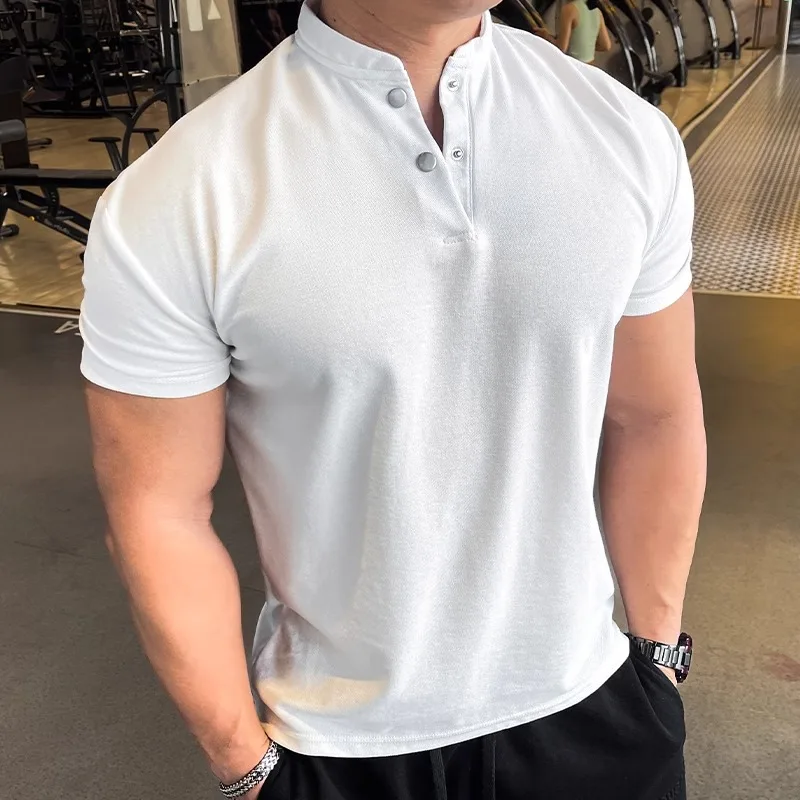 Summer Waffle Henley Ice Silk Cooling British Slim Short Sleeve T-Shirt Men's Business Casual Top