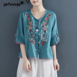 Summer Women Vintage Ethnic Style Embroidery Cotton Linen Button Shirts Female Casual V Neck Half Sleeve Loose Blouse Ropa Mujer