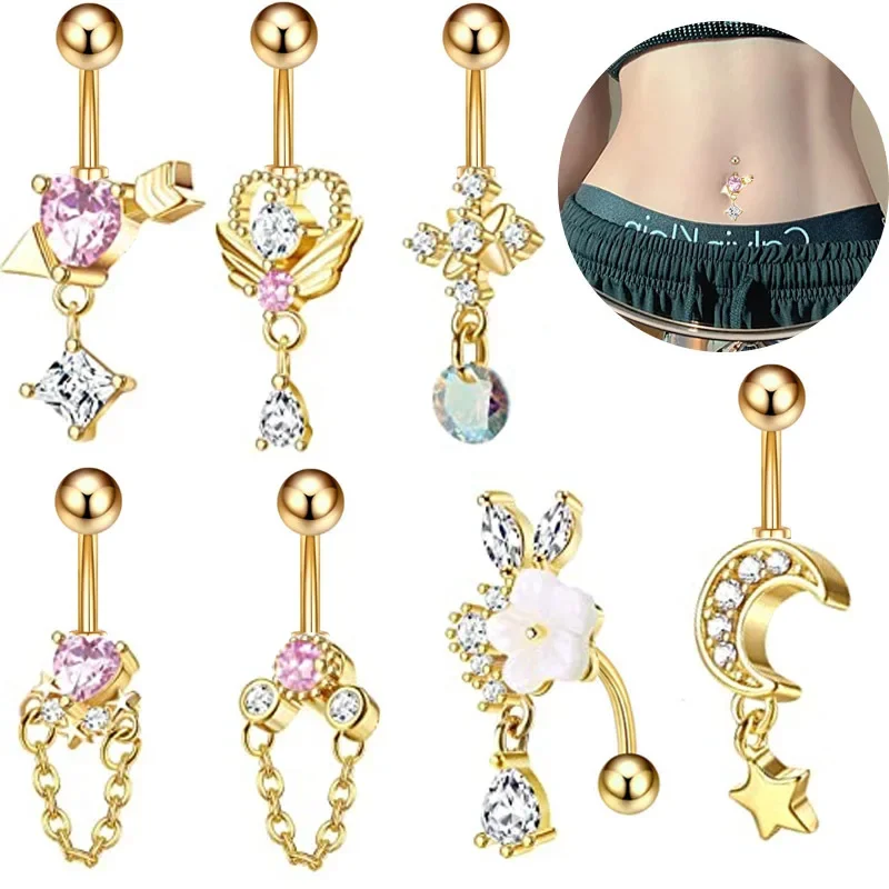 

14G Heart Dangled Belly Button Rings Surgical Steel Bar Navel Piercing Ring Crystal CZ Moon Flower Heart Belly Ring Ear Jewelry