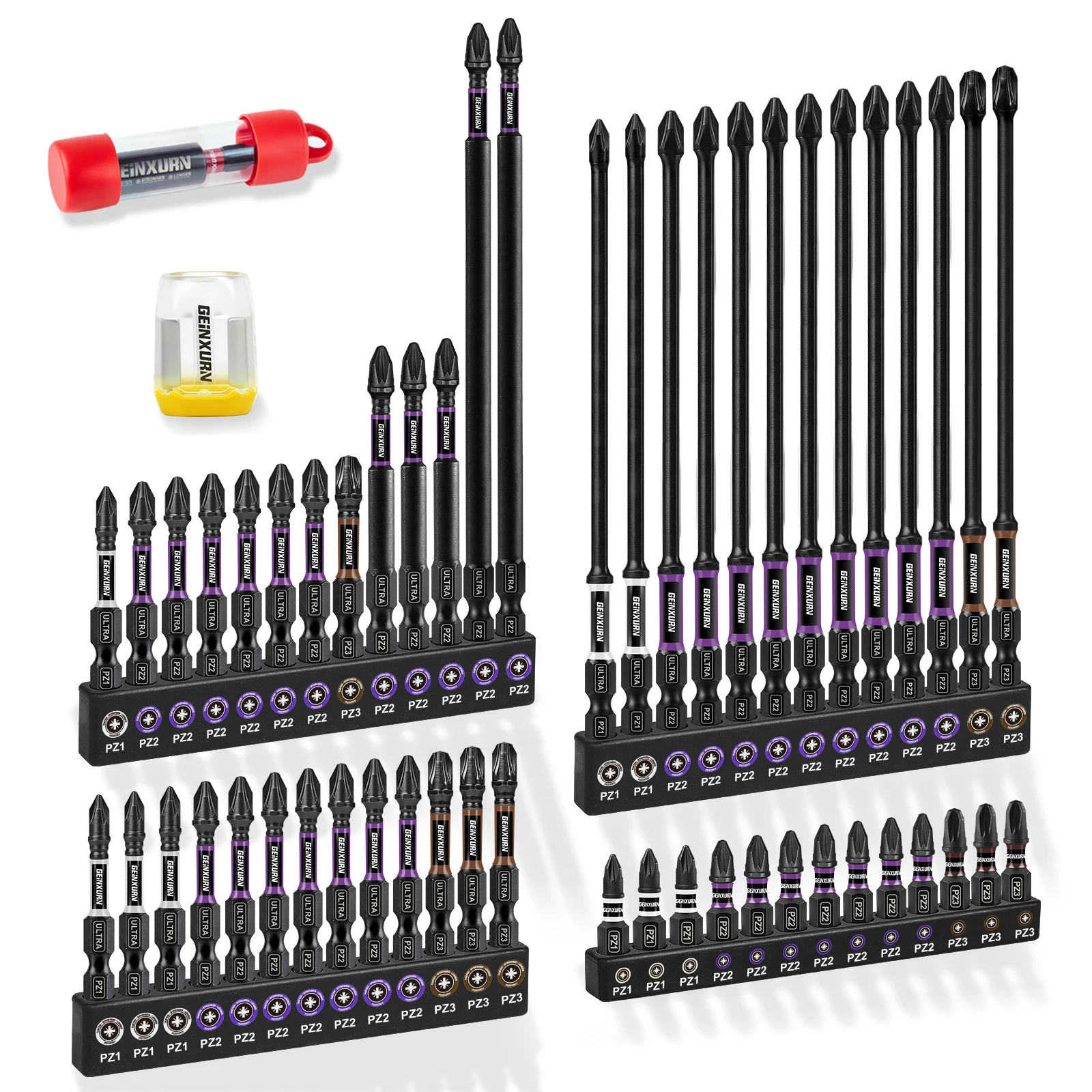 

Geinxurn 54PCS 1“2”3"6"Impact Magnetic PZ1,PZ2,PZ3 Screwdriver Bit Set,S2 Alloy Steel Bit with Magnetizer/Demagnetizer with Base