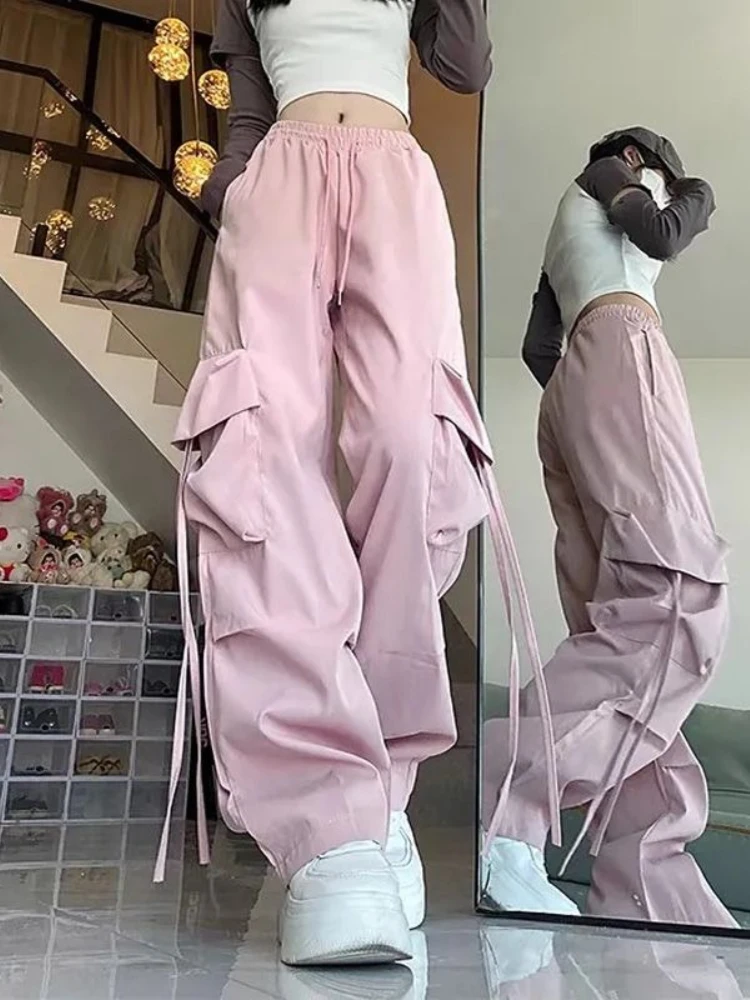 

Брюки женские, уличная мода, корейский стиль-карго, винтажные, весенне-летние, для колледжа, полная длина, повседневные, милые, мешковатые, универсальные, с карманами