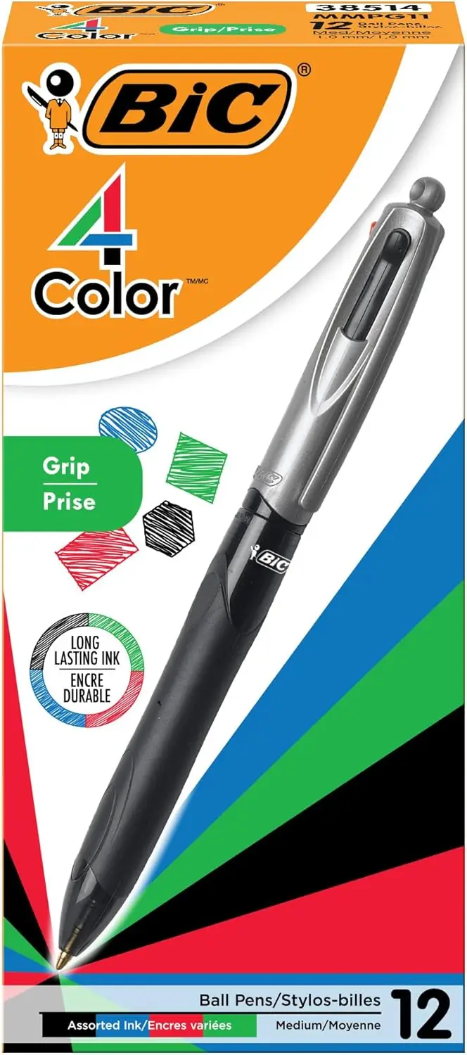 

4 Color Retractable Ballpoint Pen with Comfort Grip, Long-Lasting Ink, 12-Pack Assorted